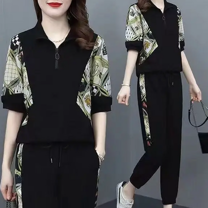 Damen Floral Patchwork Sport Kurzarm Top & Casual Hose Set