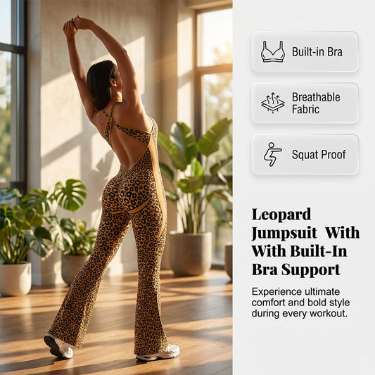 🔥2026 New Arrival🔥Women's Cheetah Print Workout Jumpsuit with Built-in Bra
