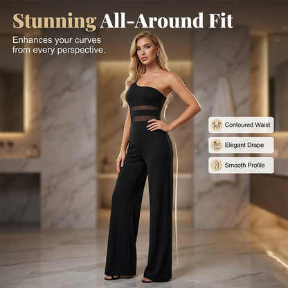 👯 LIMITED TIME 50% OFF! ✨ One-Shoulder Mesh Panel Wide-Leg Jumpsuit – Sculpting, Elegant, Alluring 💃|Free Shipping📦