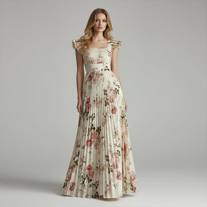 🌸2026 New Arrival🌸 👗 Elegant Floral Print Pleated Maxi Dress ✨– Romantic Square Neck, Ruffle Sleeves & Flowing Floral Skirt🌷