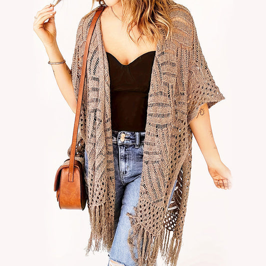 🌸 50% OFF NOW! 🌸 Women's Open-Front Knit Cover-Up with Tassel Fringe – Bohemian & Lightweight – Beach Essential 🌴
