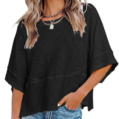 ☀️2026 HOT SALE 50% OFF💃🌸  Women's Solid Color Splicing Loose Five Points Flare Sleeve T-Shirt